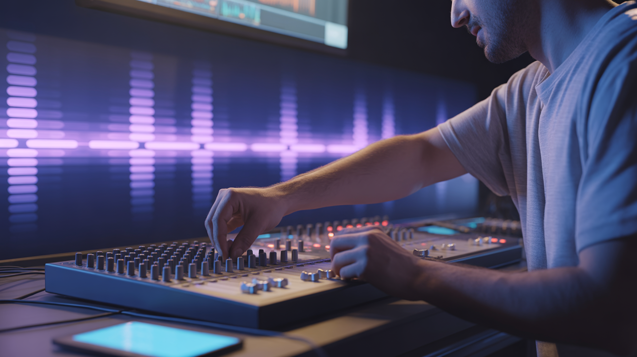 ideogram v3.0 a close up side view of modern music producer in a sleek studio surrounded by gl 0 ideogram v3.0 a close up side view of modern music producer in a sleek studio surrounded by gl 0