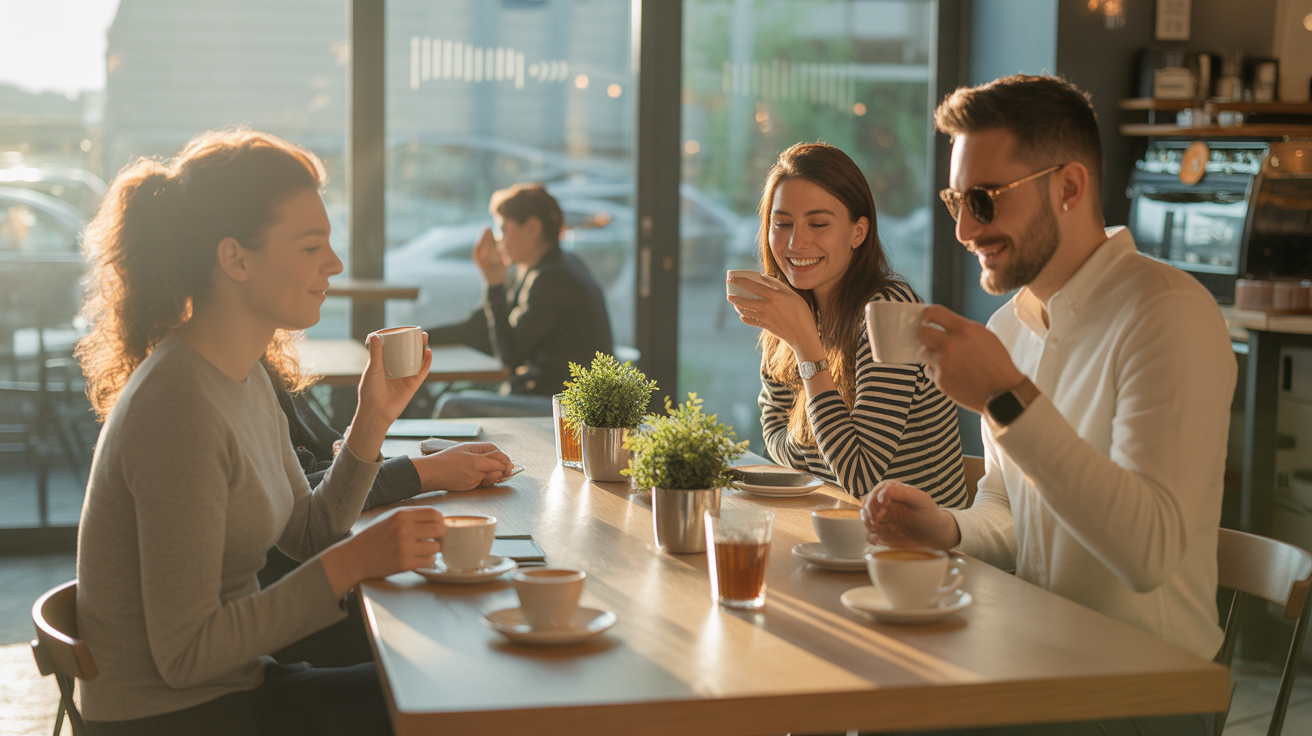 Home ideogram v3.0 bright modern café interior with happy people enjoying coffee soft morning sunl 0