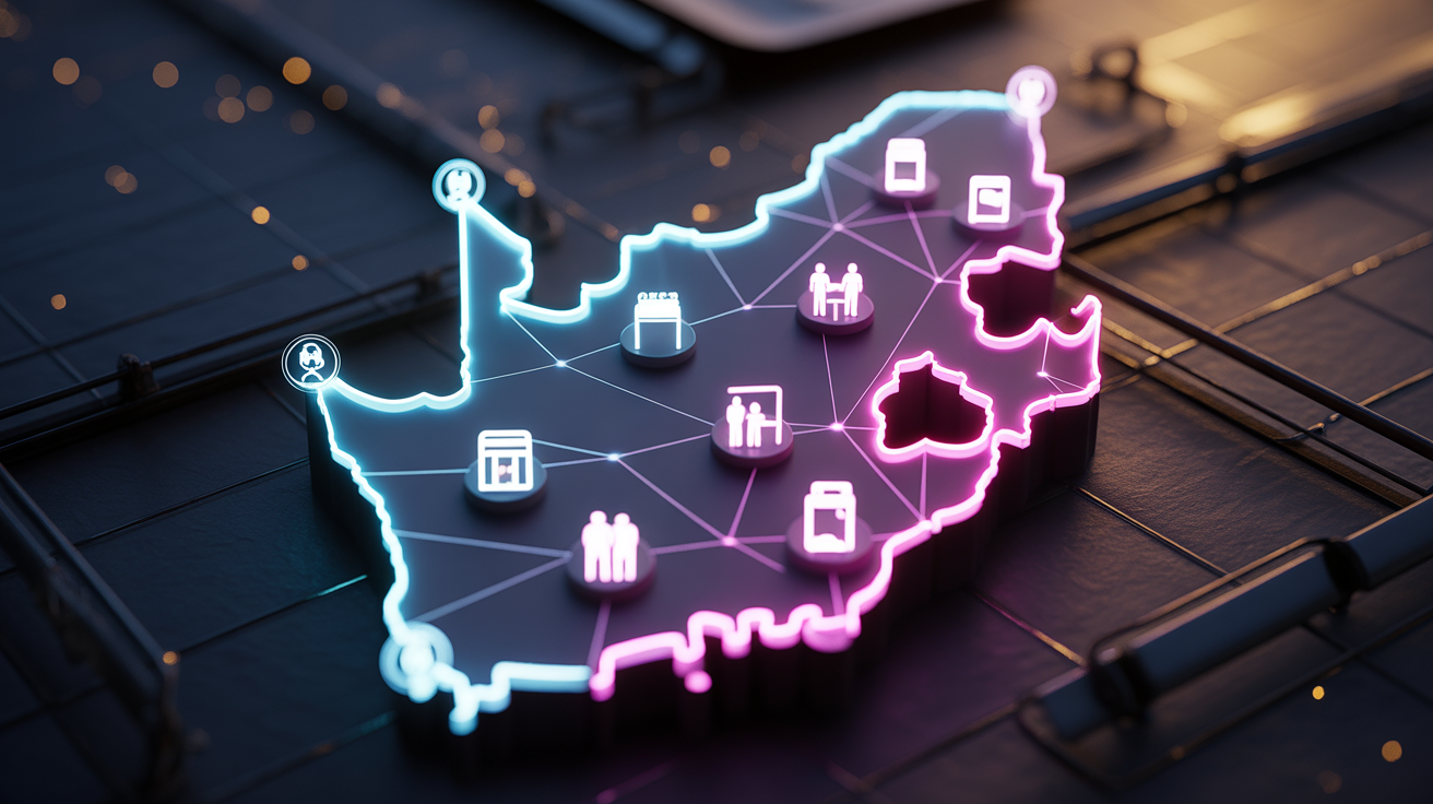 Home ideogram v3.0 cinematic 16 9 digital artwork of a glowing south african map viewed from above 0