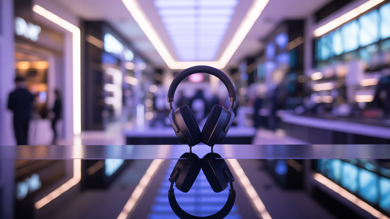 Home ideogram v3.0 cinematic 16 9 photo of high end black headphones in focus on a counter blurred 0