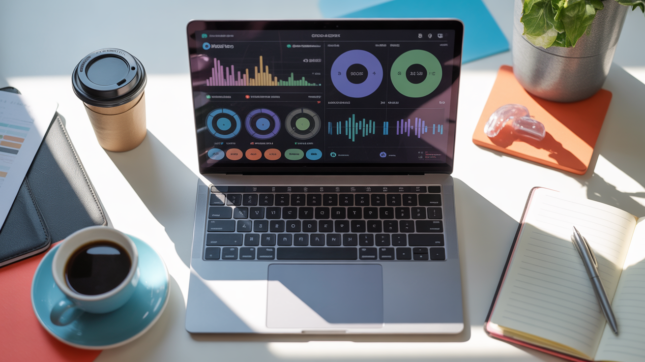 Home ideogram v3.0 prompt overhead flat lay desk scene with a laptop showing colorful sound analyti 0